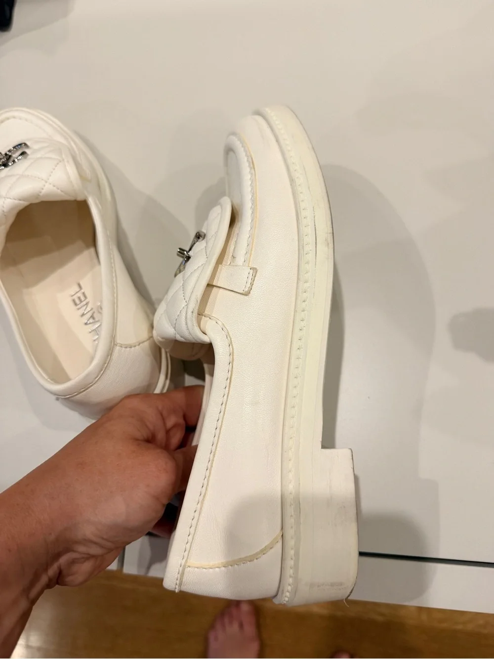 CHANEL White turnlock Leather Loafers 38